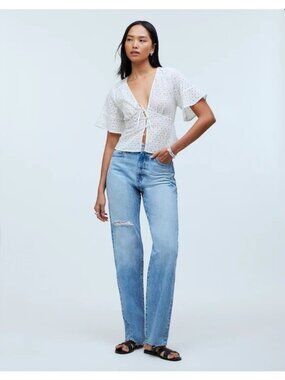 Madewell Tall '90's Straight Rip Leg High Rise Revoir Wash Rigid Jeans Size 33 T